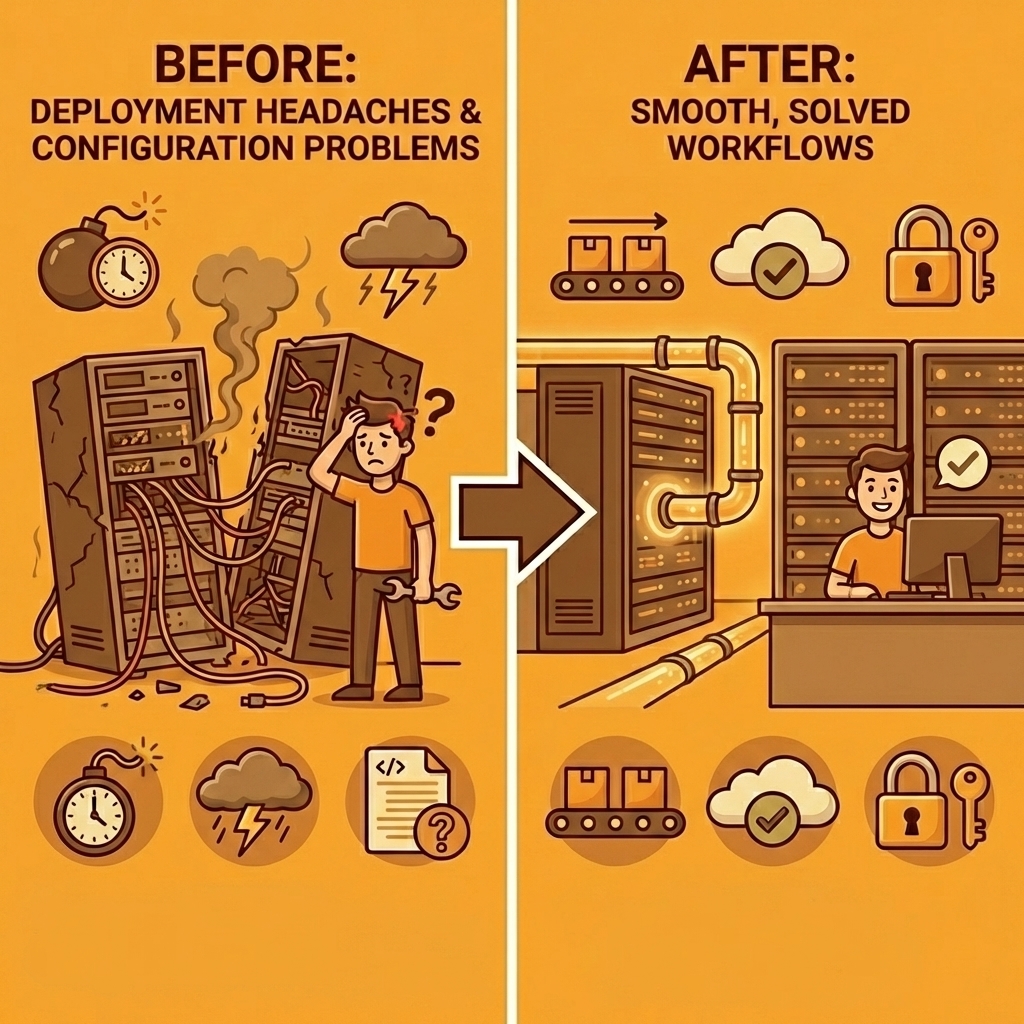 Before and after comparison showing deployment headaches and environment configuration problems transformed into smoother workflows